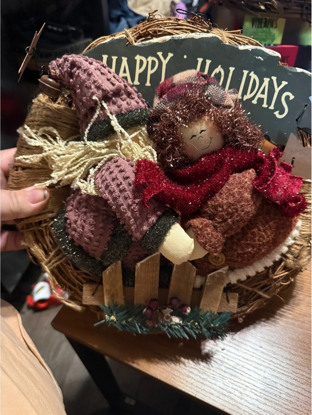 Handcrafted Happy Holidays Winter Wreath Decoration with Cozy Doll
